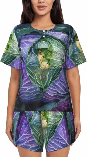 Bright Cabbage Prints Women's Short Sleeve Pajamas Set, 2 Piece Sleepwear Set T-Shirt Tops and Shorts,