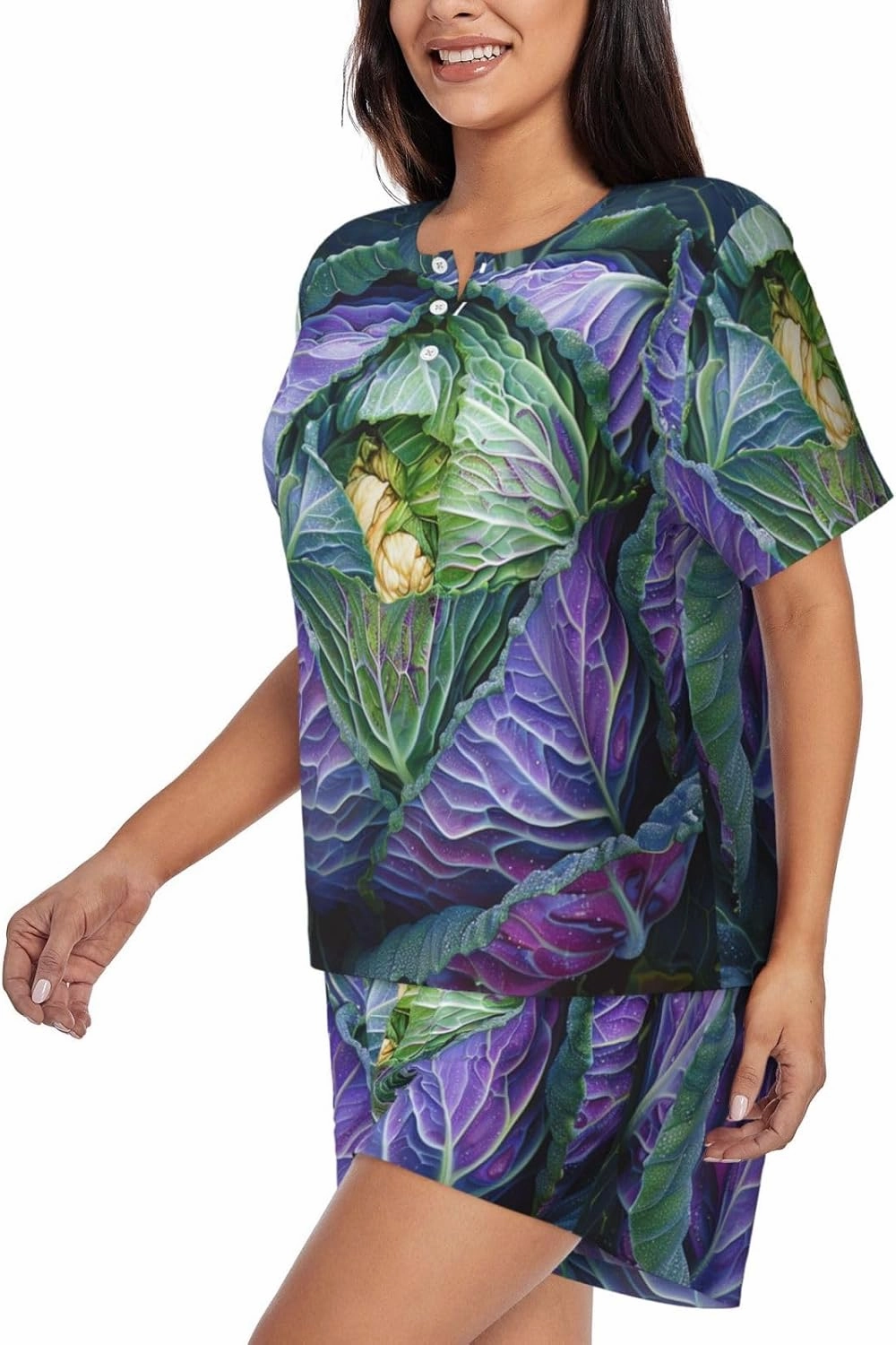 Bright Cabbage Prints Women's Short Sleeve Pajamas Set, 2 Piece Sleepwear Set T-Shirt Tops and Shorts,