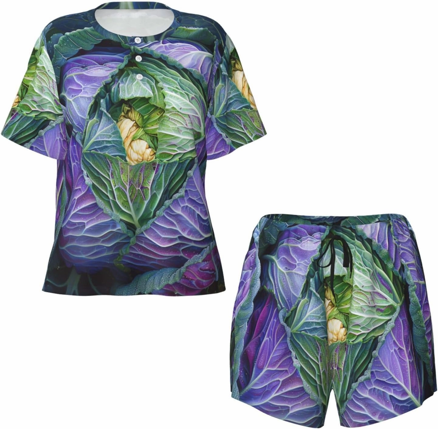 Bright Cabbage Prints Women's Short Sleeve Pajamas Set, 2 Piece Sleepwear Set T-Shirt Tops and Shorts,