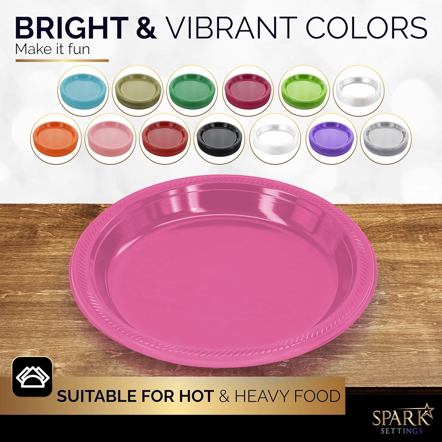 Bright Pink Disposable Dinner Plates, 10.4 Inches, Strong & Sturdy for Party, Picnic, Travel - Pack of 50