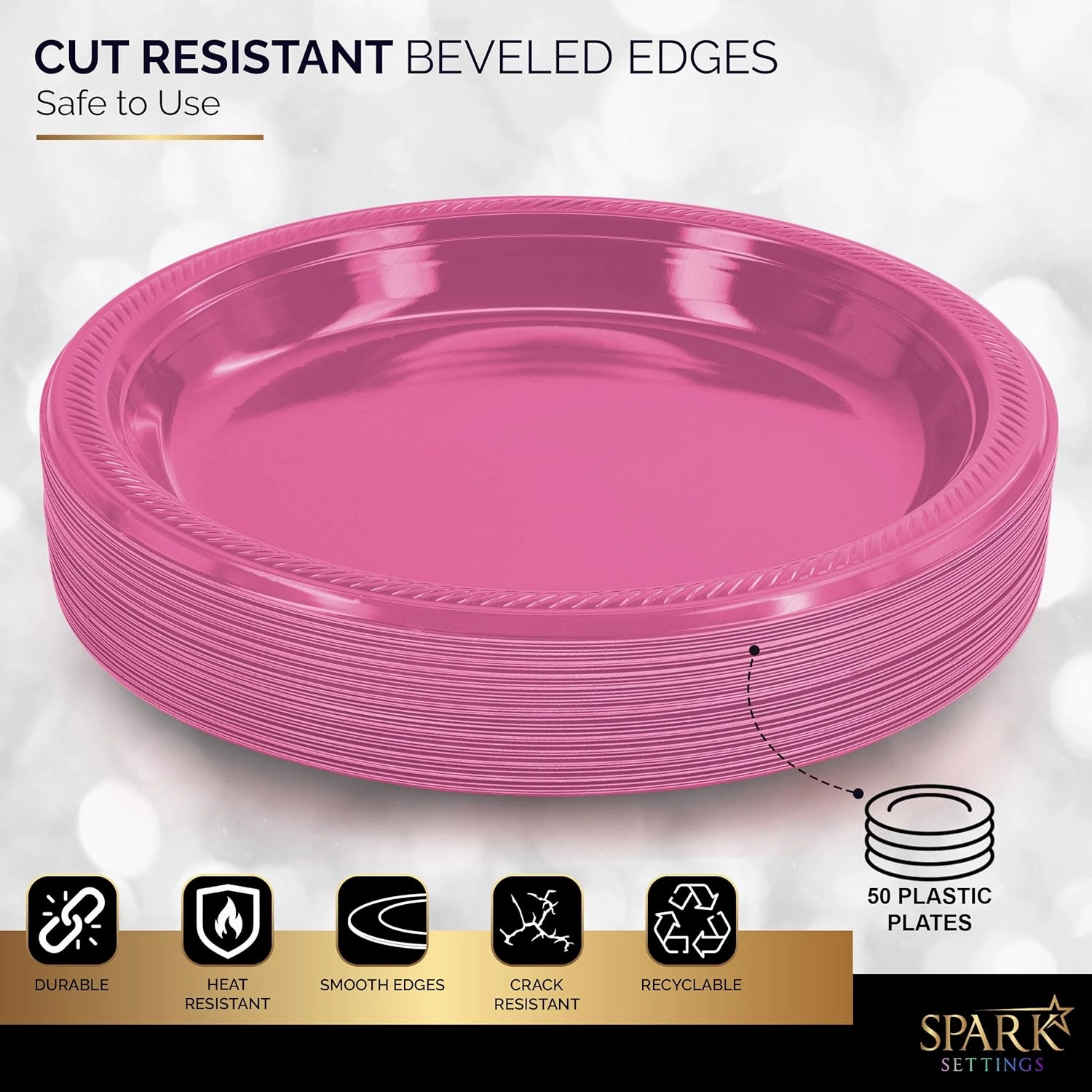 Bright Pink Disposable Dinner Plates, 10.4 Inches, Strong & Sturdy for Party, Picnic, Travel - Pack of 50