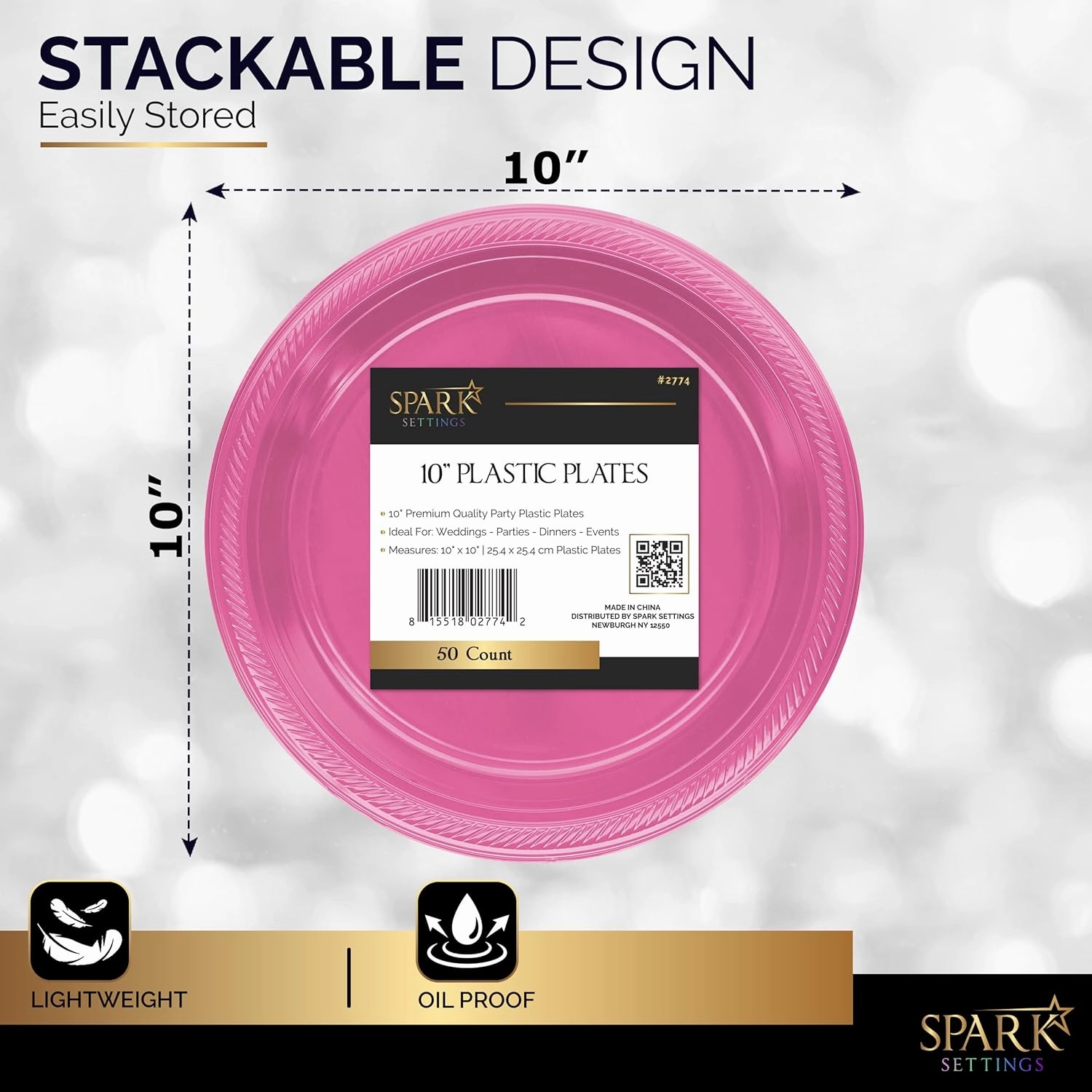 Bright Pink Disposable Dinner Plates, 10.4 Inches, Strong & Sturdy for Party, Picnic, Travel - Pack of 50