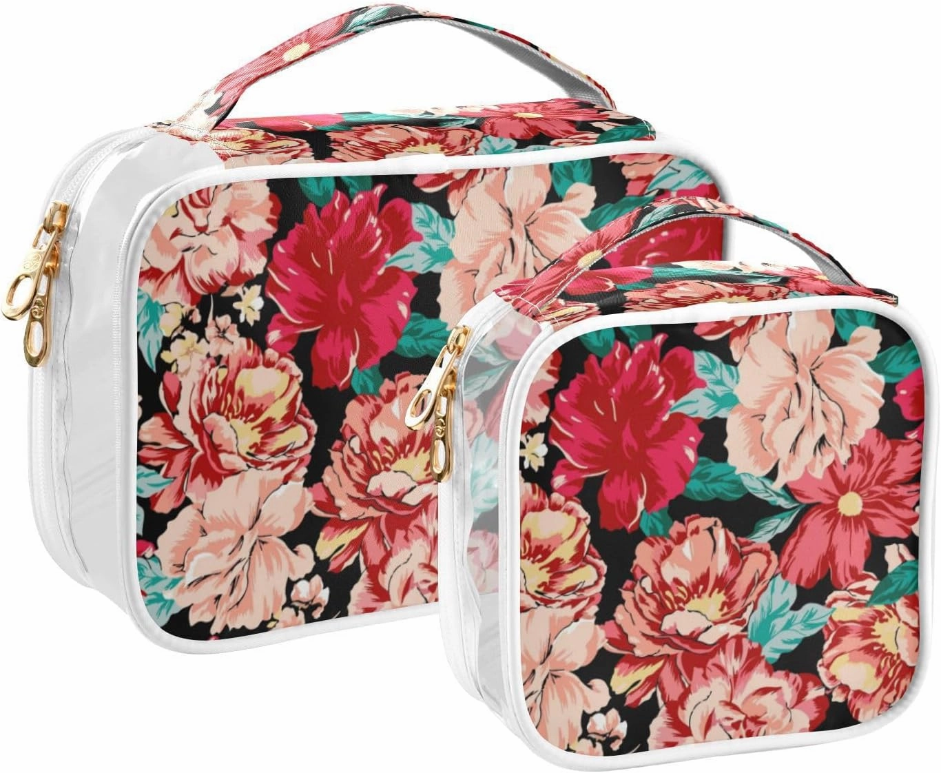 Bright Pink Rose Peony Travel Toiletry Bag for Women 2 Pack Clear Makeup Bag with Handles Waterproof Cosmetic Bag