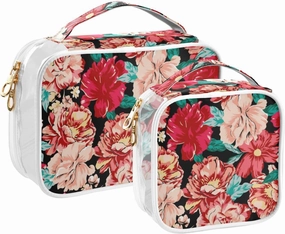 Bright Pink Rose Peony Travel Toiletry Bag for Women 2 Pack Clear Makeup Bag with Handles Waterproof Cosmetic Bag