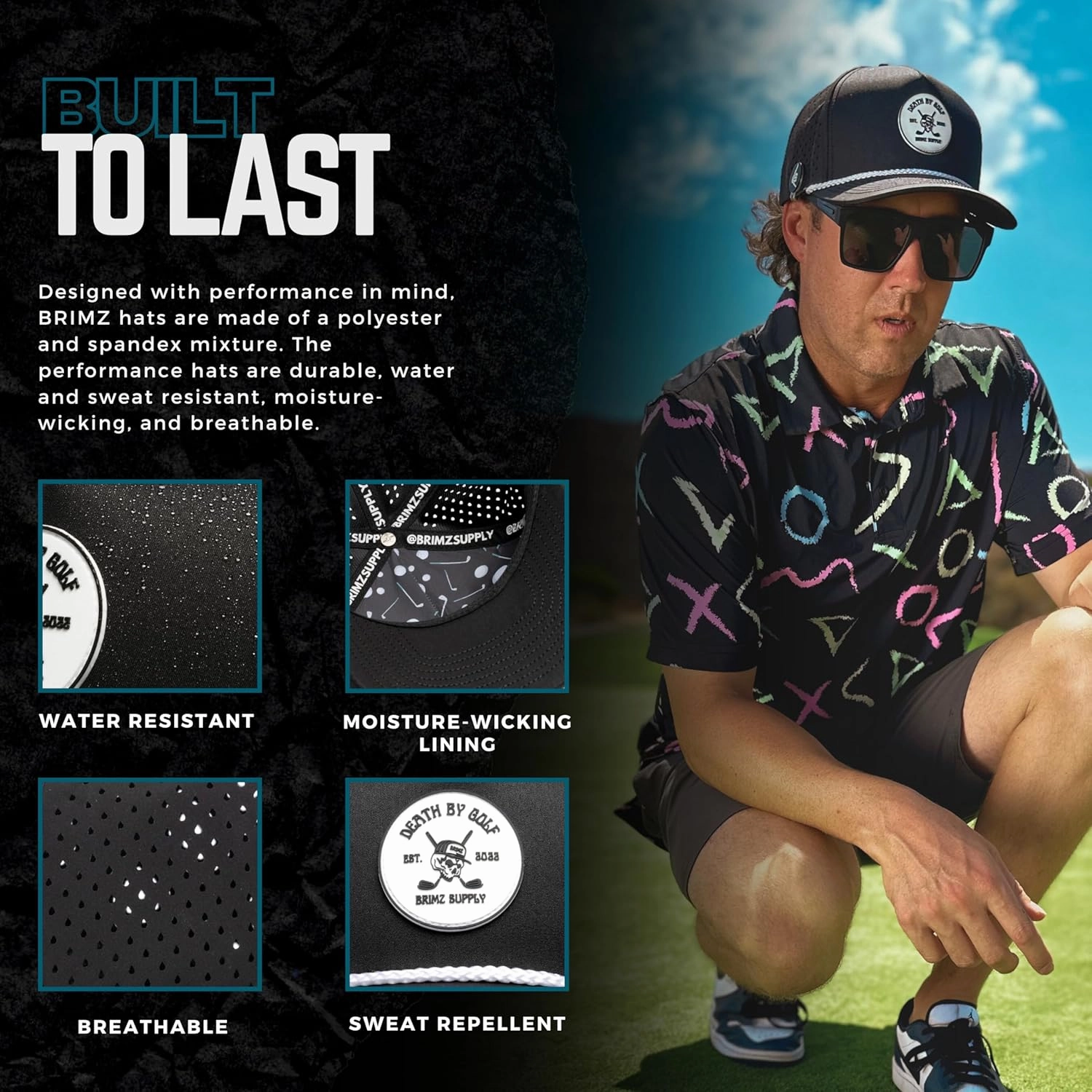 BRIMZ Golf Performance Hat - Tee Holder & Magnetic Ball Marker - Breathable, Sweat & Water Resistant Golfing Snapback Hat