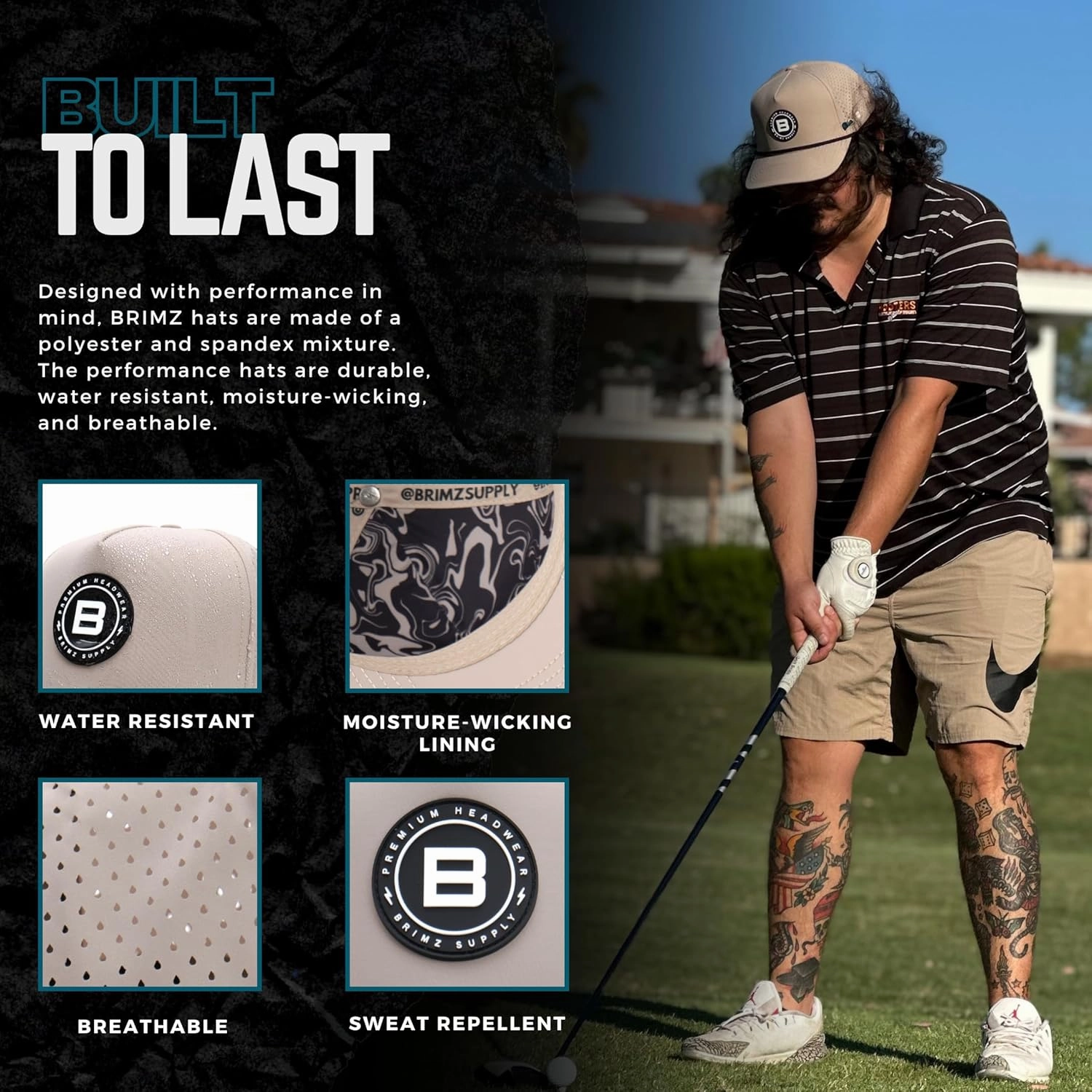 BRIMZ Golf Performance Hat - Tee Holder & Magnetic Ball Marker - Breathable, Sweat & Water Resistant Golfing Snapback Hat