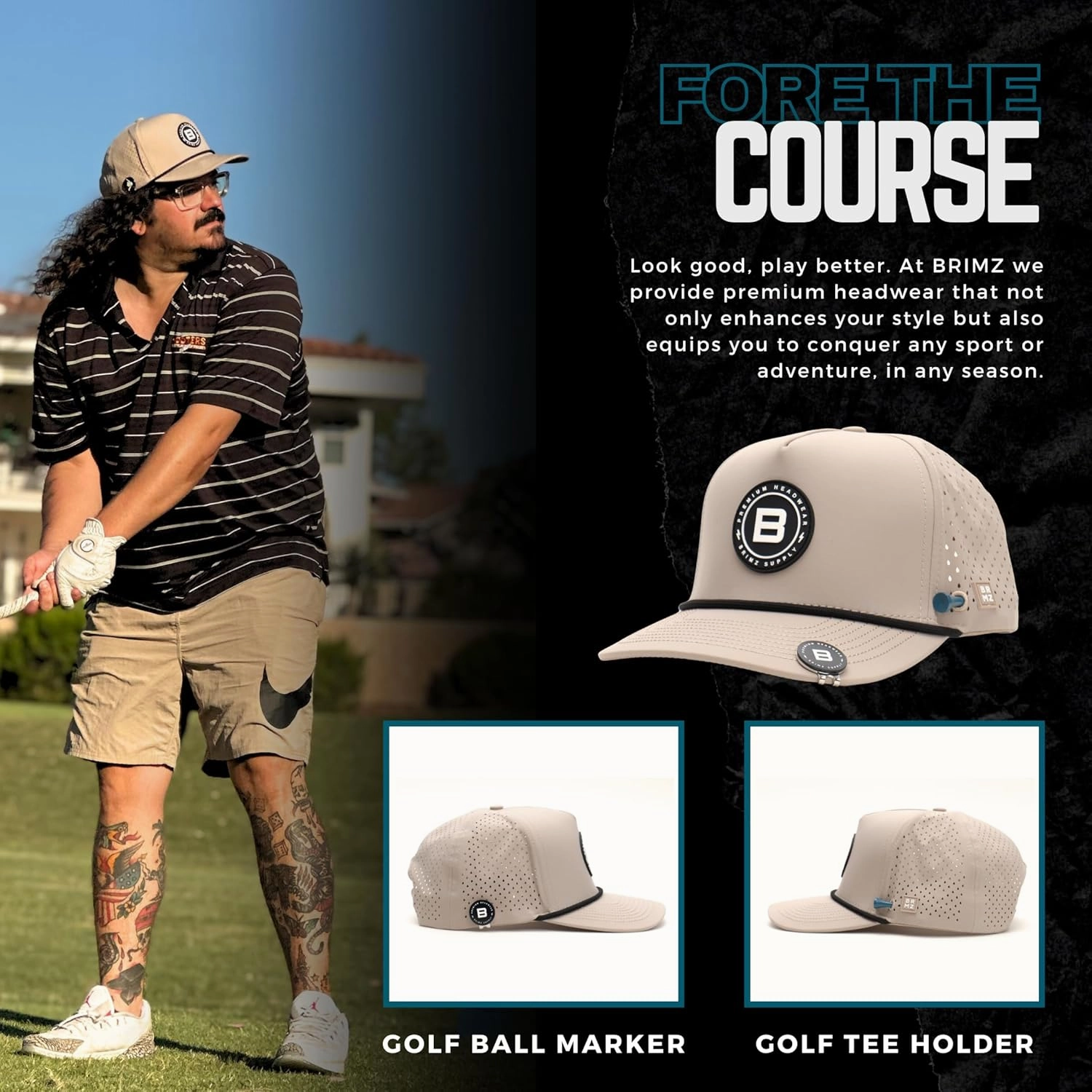 BRIMZ Golf Performance Hat - Tee Holder & Magnetic Ball Marker - Breathable, Sweat & Water Resistant Golfing Snapback Hat