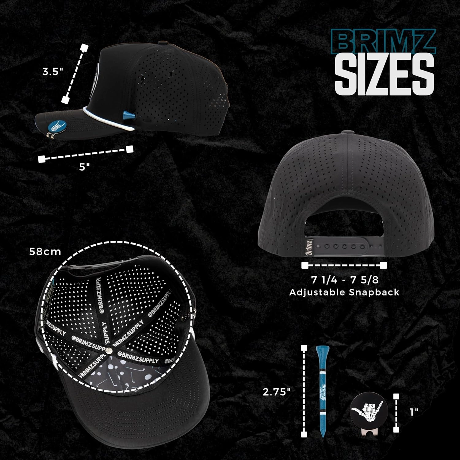 BRIMZ Golf Performance Hat - Tee Holder & Magnetic Ball Marker - Breathable, Sweat & Water Resistant Golfing Snapback Hat