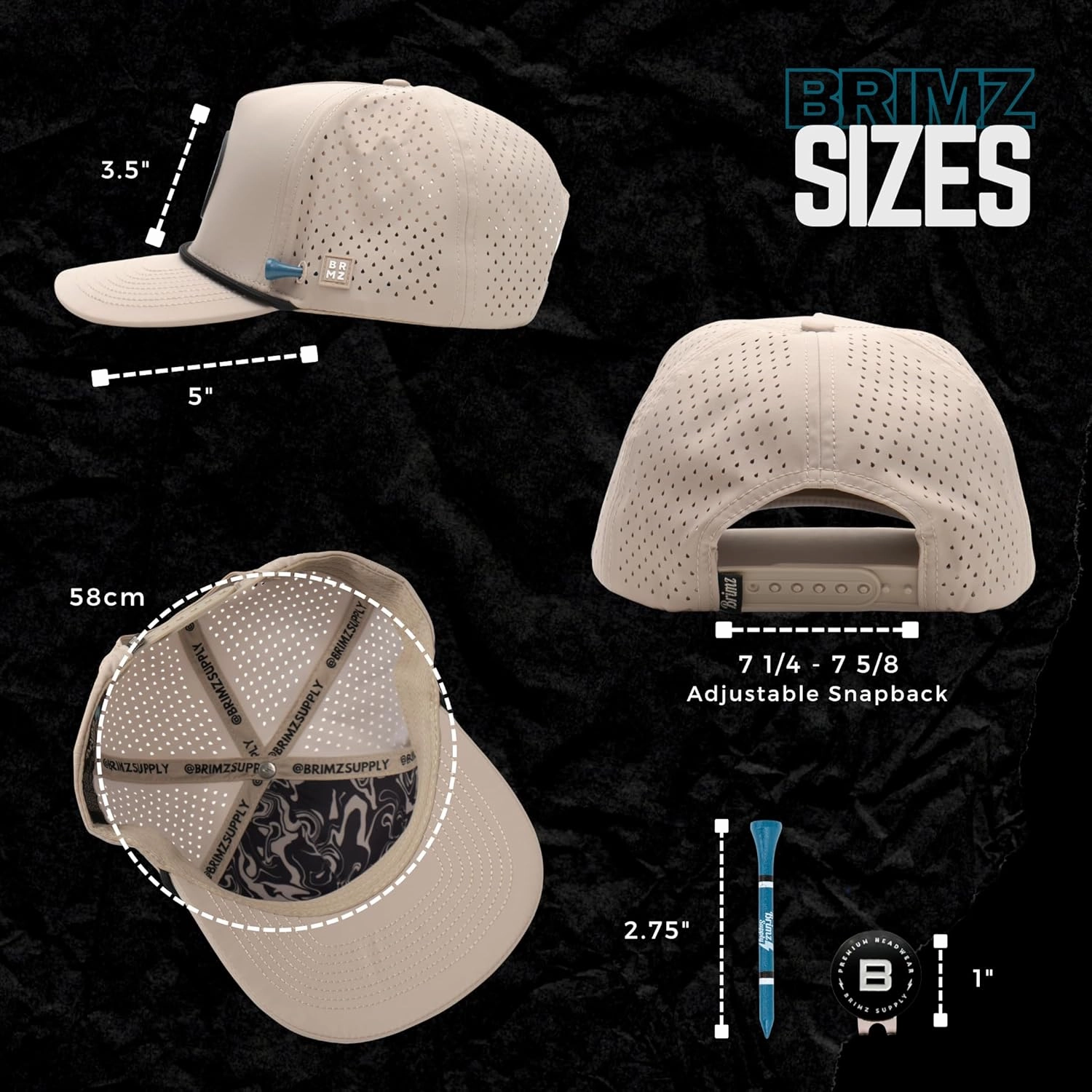 BRIMZ Golf Performance Hat - Tee Holder & Magnetic Ball Marker - Breathable, Sweat & Water Resistant Golfing Snapback Hat