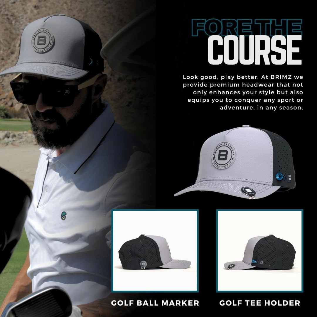 BRIMZ Golf Performance Hat - Tee Holder & Magnetic Ball Marker - Breathable, Sweat & Water Resistant Golfing Snapback Hat