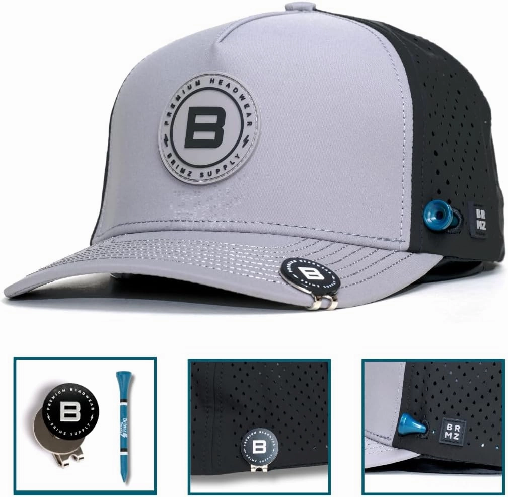 BRIMZ Golf Performance Hat - Tee Holder & Magnetic Ball Marker - Breathable, Sweat & Water Resistant Golfing Snapback Hat