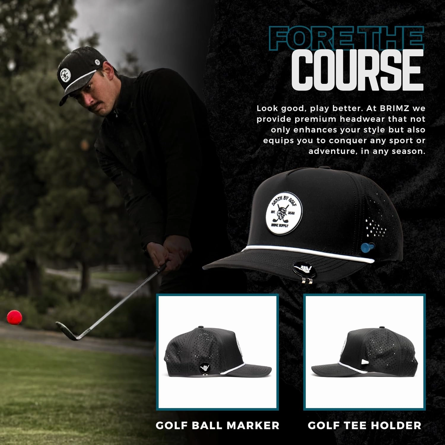 BRIMZ Golf Performance Hat - Tee Holder & Magnetic Ball Marker - Breathable, Sweat & Water Resistant Golfing Snapback Hat