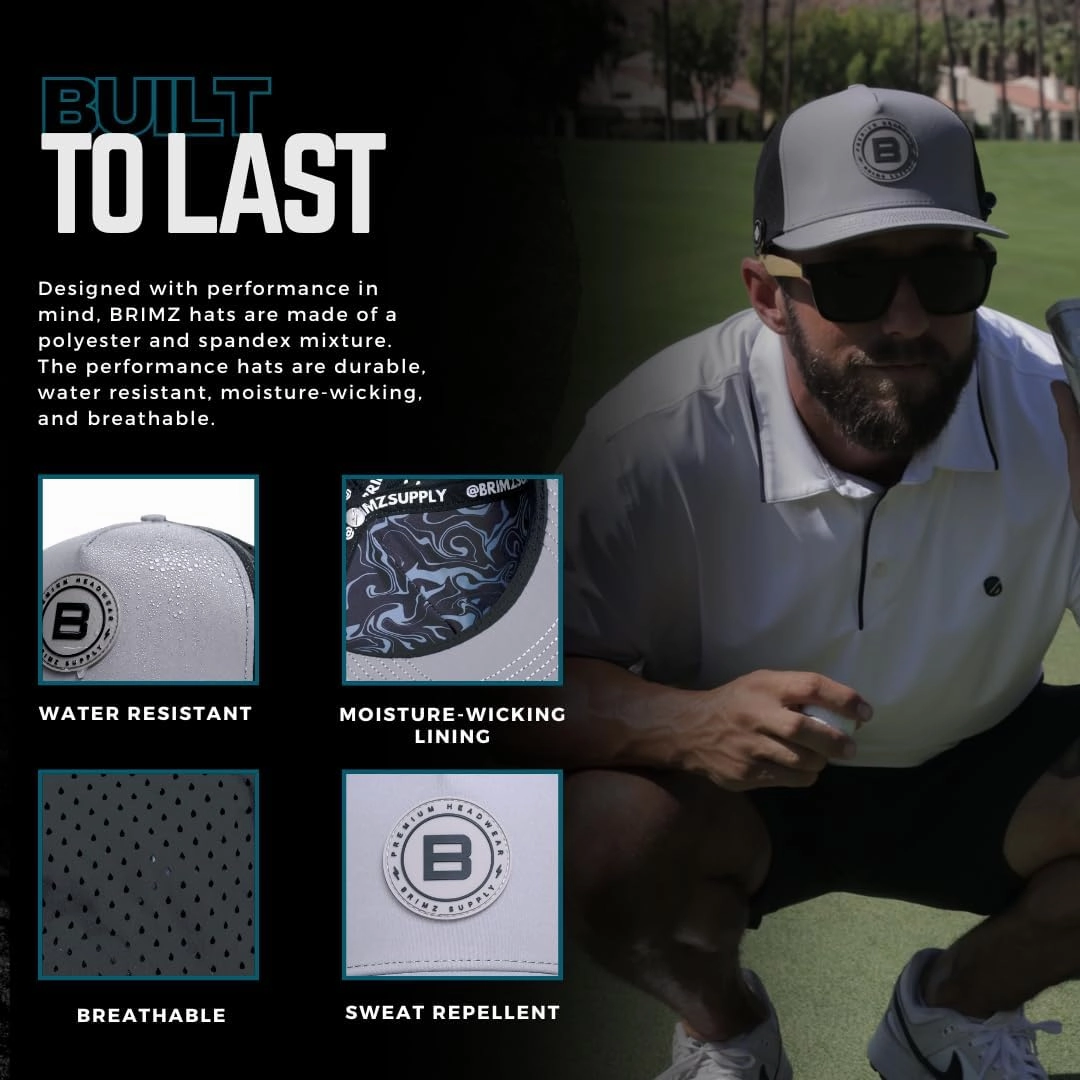 BRIMZ Golf Performance Hat - Tee Holder & Magnetic Ball Marker - Breathable, Sweat & Water Resistant Golfing Snapback Hat