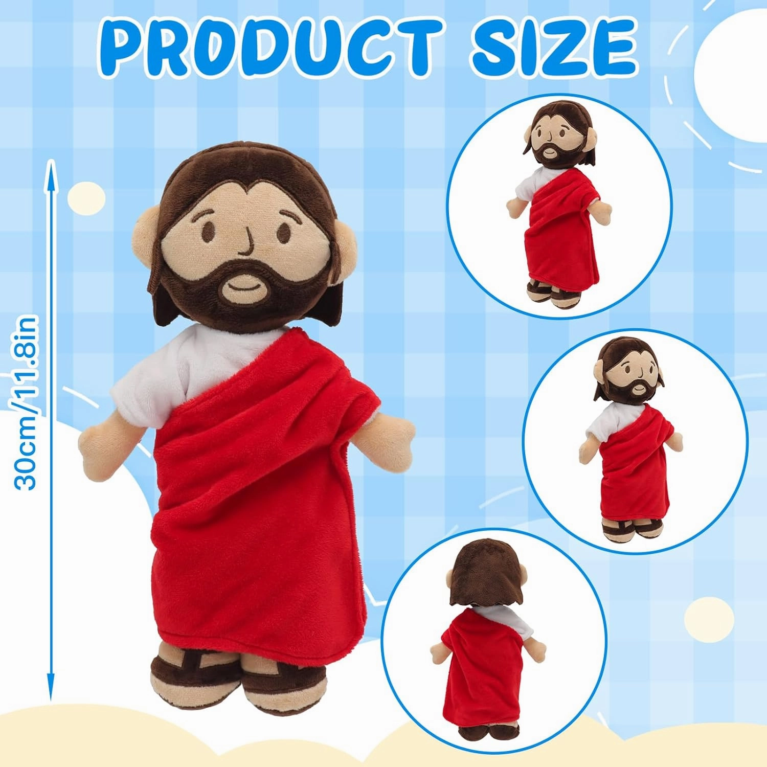 Brown Jesus Plush Doll Guardian Stuffed Animal Baptism plushie Savior Toy Gifts for Church Sunday School Religious Easter Gift (RED)