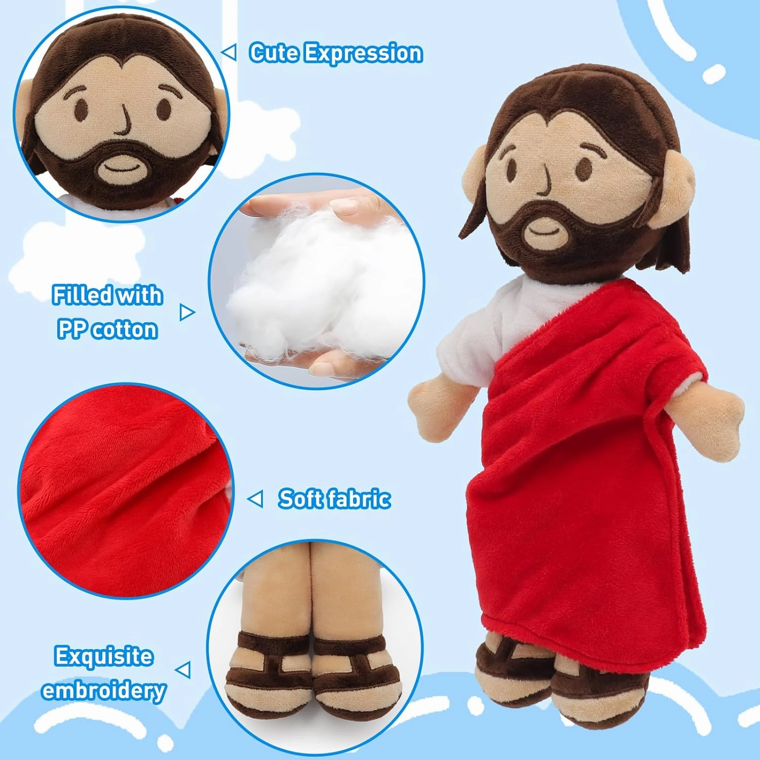 Brown Jesus Plush Doll Guardian Stuffed Animal Baptism plushie Savior Toy Gifts for Church Sunday School Religious Easter Gift (RED)