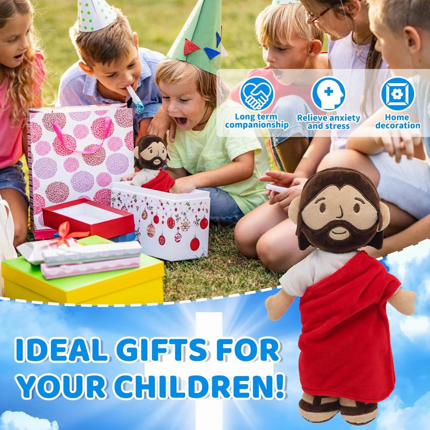 Brown Jesus Plush Doll Guardian Stuffed Animal Baptism plushie Savior Toy Gifts for Church Sunday School Religious Easter Gift (RED)