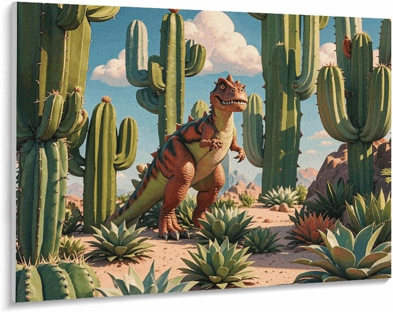 BWQHJKY Pre-Framed Paint by Numbers Kit for Adults, Cactus Jungle Dinosaur Print 24 Acrylic Paints on Yellow Cotton Canvas – Relaxing Horizontal DIY Art Set