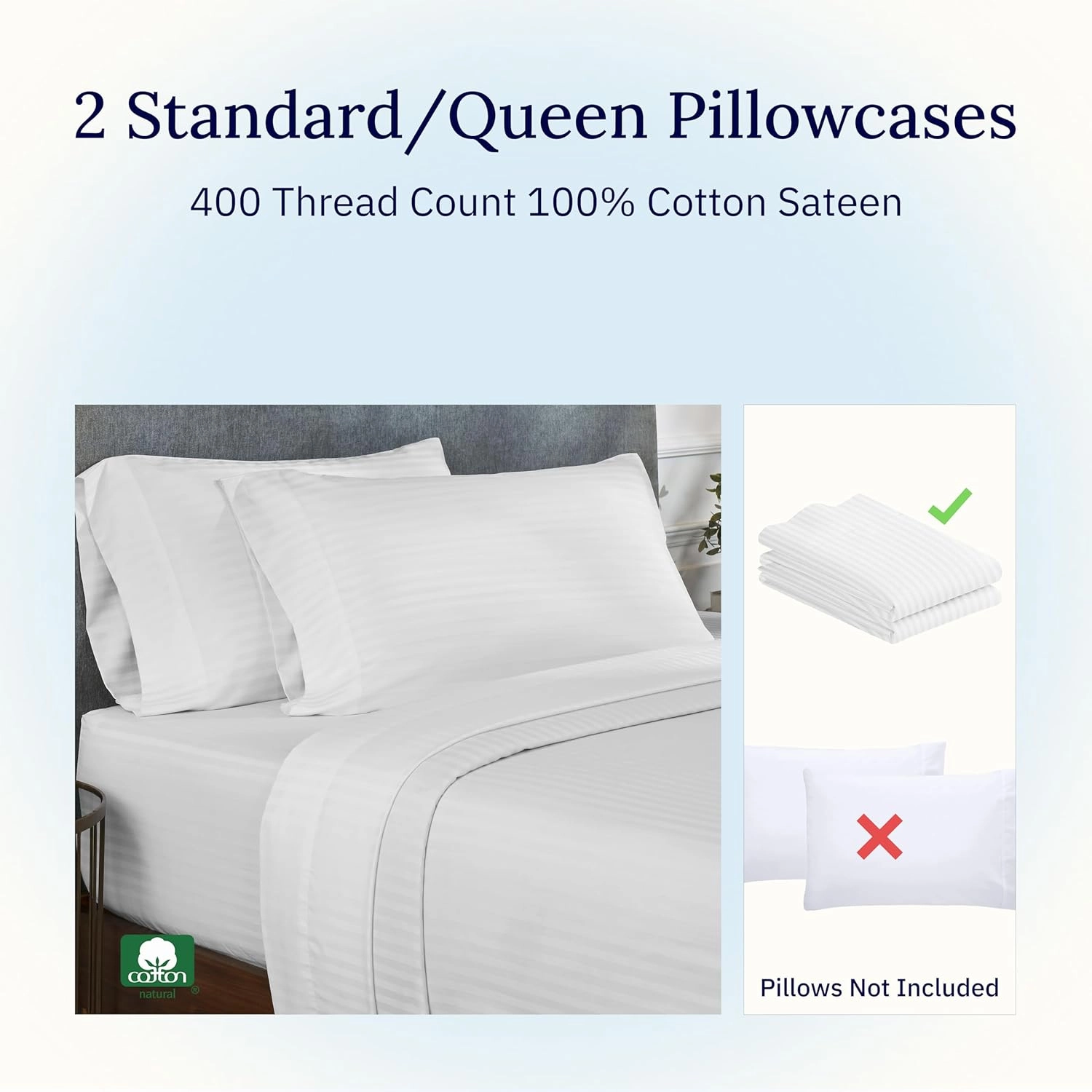 California Design Den Standard Queen Size Pillowcase Set - 400 Thread Count, 100% Cotton Sateen, Set of 2 Pillow Covers, Breathable, Cooling, Soft for Quality Sleep - Striped Bright White