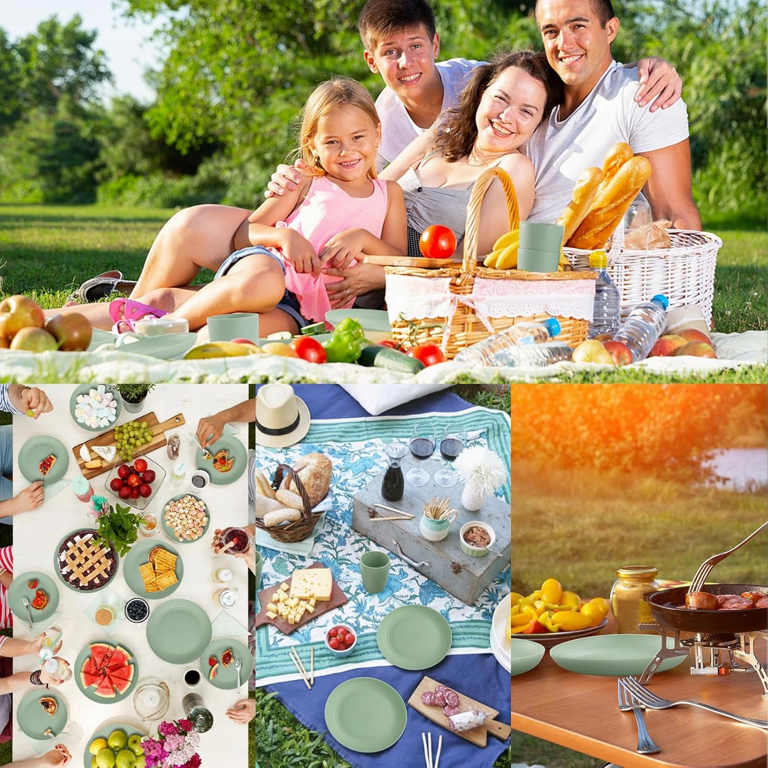 Camping Plates Cups and Bowls Set Green Reusable Microwave Safe Lightweight Unbreakable Plastic Dishes Set for Kids Elderly Kitchen Adults Outdoor,32 Pcs Wheat Straw Dinnerware Sets for 8
