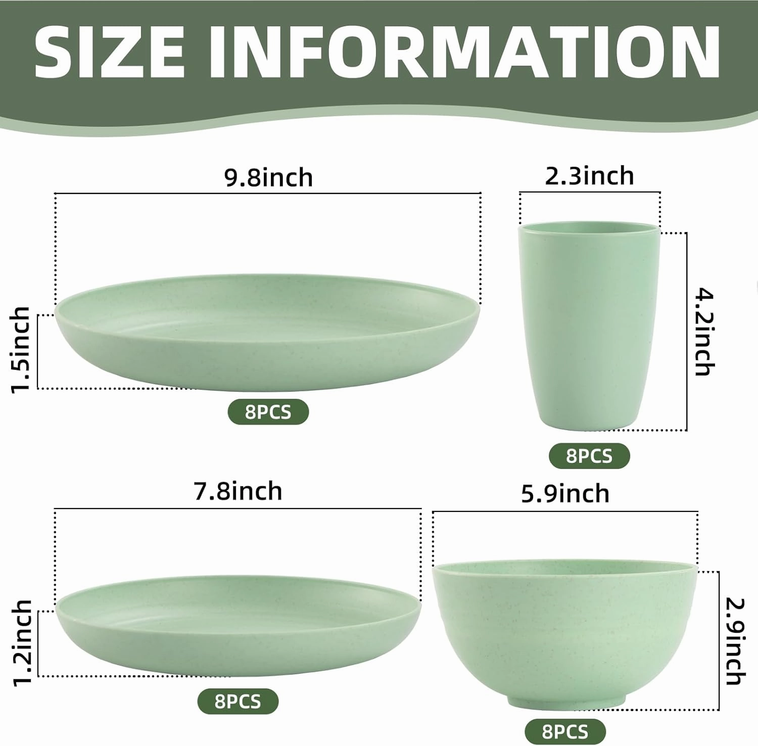 Camping Plates Cups and Bowls Set Green Reusable Microwave Safe Lightweight Unbreakable Plastic Dishes Set for Kids Elderly Kitchen Adults Outdoor,32 Pcs Wheat Straw Dinnerware Sets for 8