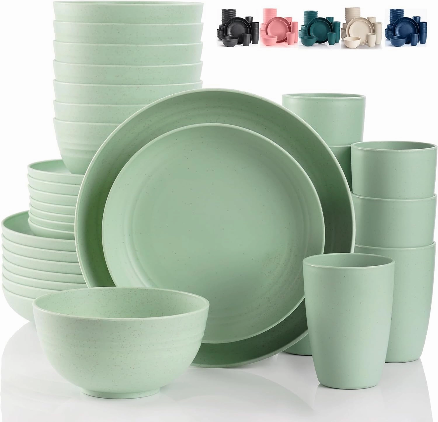 Camping Plates Cups and Bowls Set Green Reusable Microwave Safe Lightweight Unbreakable Plastic Dishes Set for Kids Elderly Kitchen Adults Outdoor,32 Pcs Wheat Straw Dinnerware Sets for 8