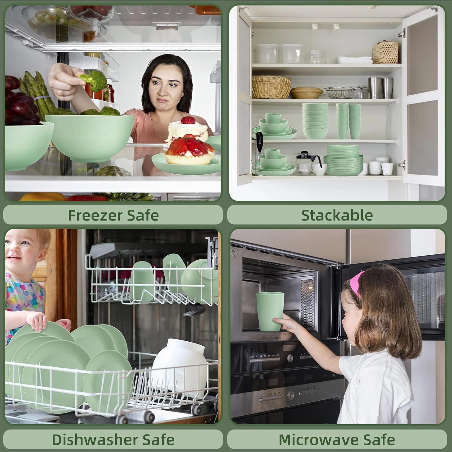 Camping Plates Cups and Bowls Set Green Reusable Microwave Safe Lightweight Unbreakable Plastic Dishes Set for Kids Elderly Kitchen Adults Outdoor,32 Pcs Wheat Straw Dinnerware Sets for 8