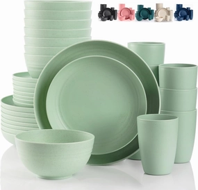 Camping Plates Cups and Bowls Set Green Reusable Microwave Safe Lightweight Unbreakable Plastic Dishes Set for Kids Elderly Kitchen Adults Outdoor,32 Pcs Wheat Straw Dinnerware Sets for 8