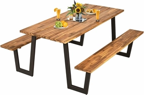 Camping Table, Wood Picnic Table Bench Set, 6ft Wooden Outdoor Dining Table Set w/ 2’’ Umbrella Hole, Heavy Duty Picnic Beer Table Bench Set with Metal Frame, Patented (Natural & Black)