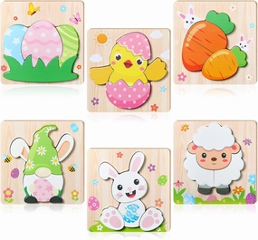 Capoda 6 Pack Easter Wooden Puzzles Easter Party Puzzles Toys Spring Educational Bunny Carrot Chick Puzzle for Boy Girl Happy Basket Stuffers Classroom Exchange Gifts Favors