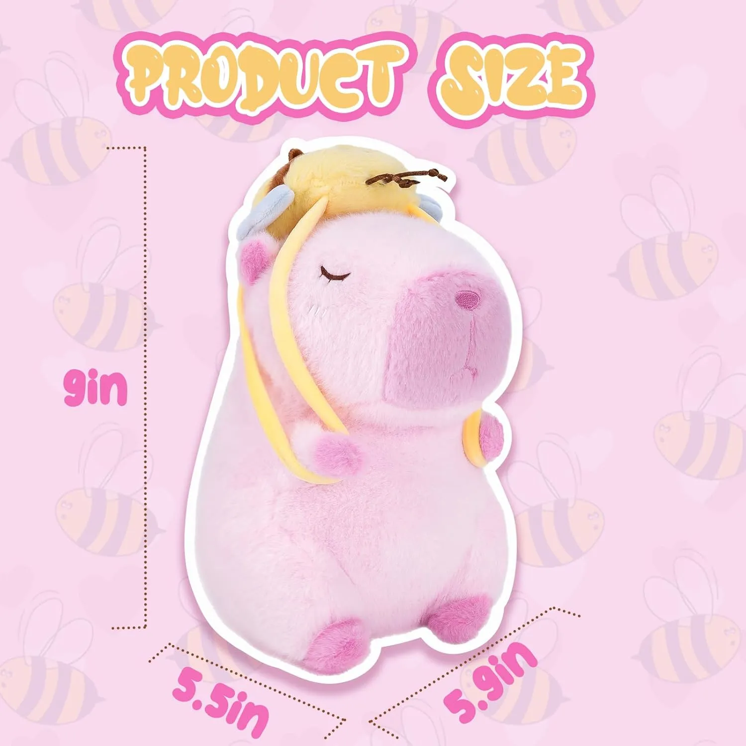 Capybara Plush Toy - 9 Inch Kawaii Capibara Stuffed Animal with Bee Backpack, Cute Pink Capybara Plushie Doll Pillow for Kids and Adults