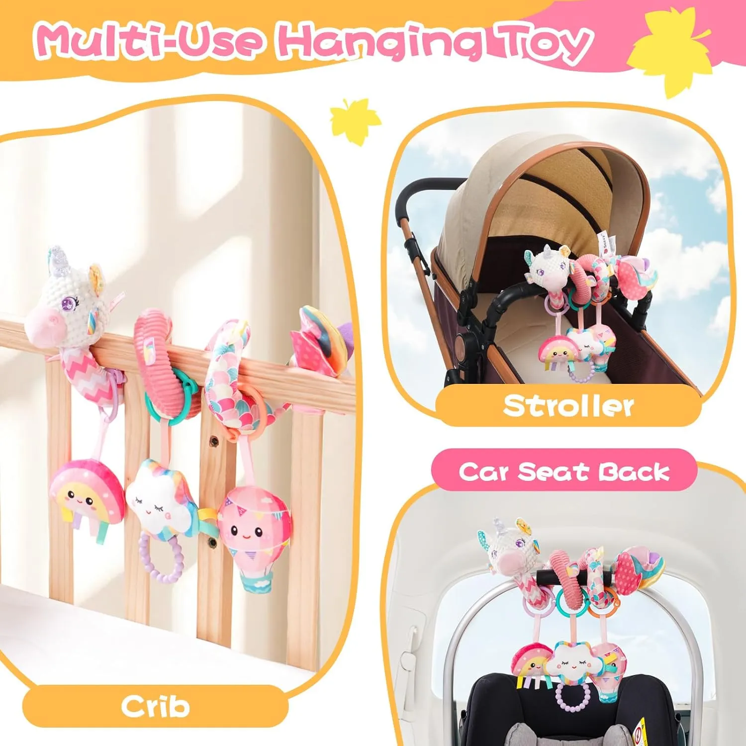 Car Seat Toys for Babies 0-6 Months, Carseat Toys Hanging Spiral Stroller Toys, Infant Toys 0-6 Months, Newborn Toys 0 3 12 Months Brain Development with Music Crinkle Teether Rattle Baby Boy Girl Toy