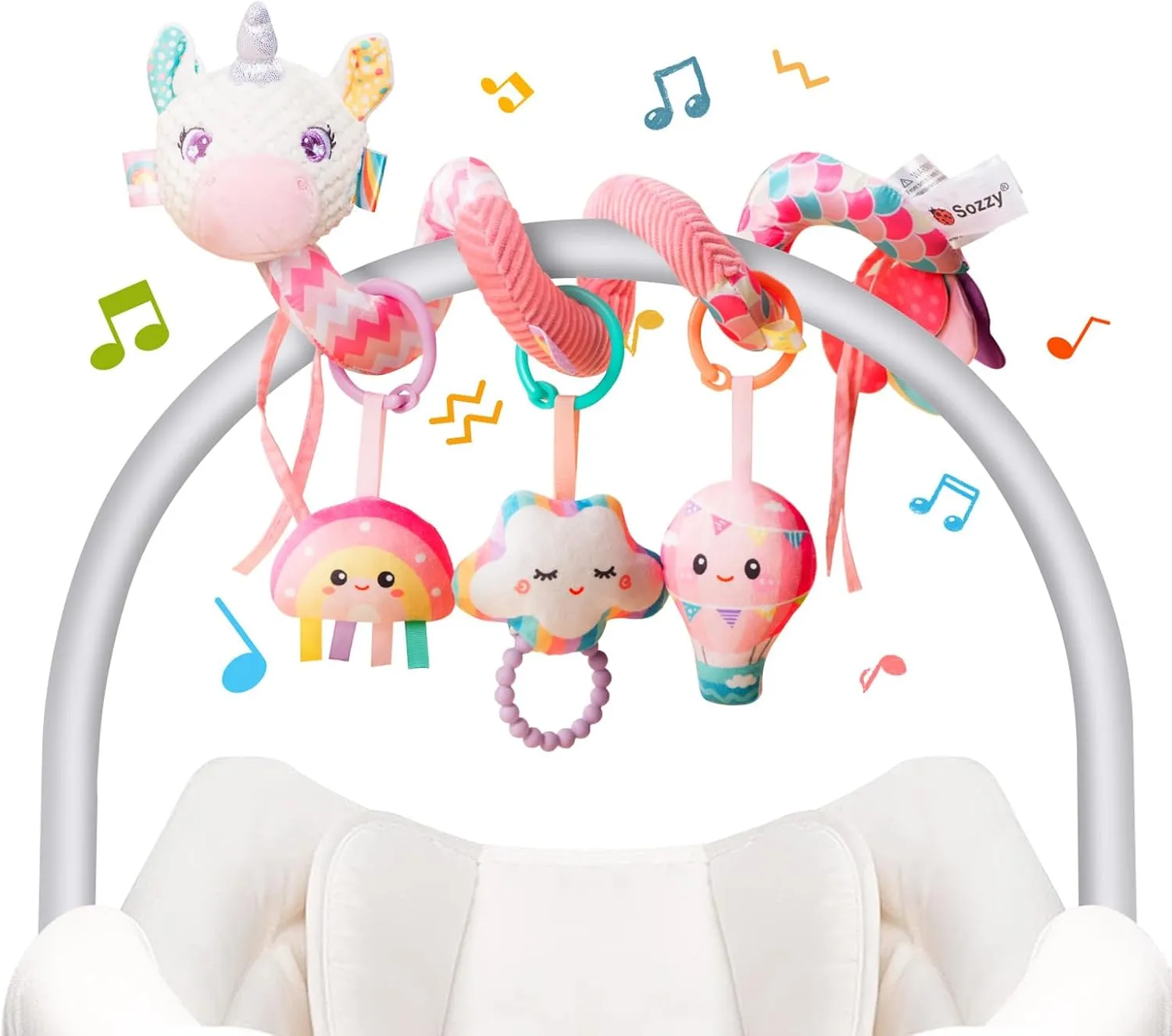 Car Seat Toys for Babies 0-6 Months, Carseat Toys Hanging Spiral Stroller Toys, Infant Toys 0-6 Months, Newborn Toys 0 3 12 Months Brain Development with Music Crinkle Teether Rattle Baby Boy Girl Toy