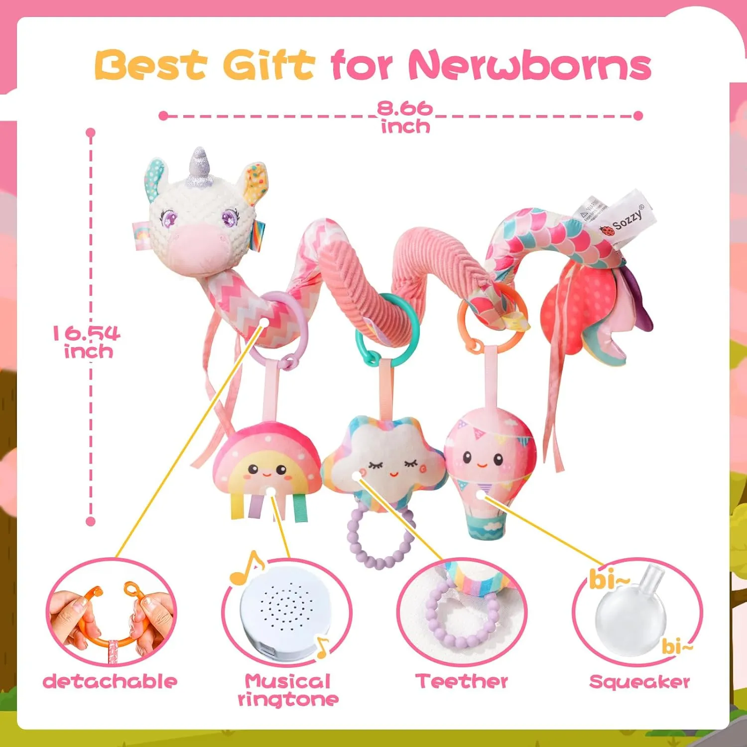 Car Seat Toys for Babies 0-6 Months, Carseat Toys Hanging Spiral Stroller Toys, Infant Toys 0-6 Months, Newborn Toys 0 3 12 Months Brain Development with Music Crinkle Teether Rattle Baby Boy Girl Toy