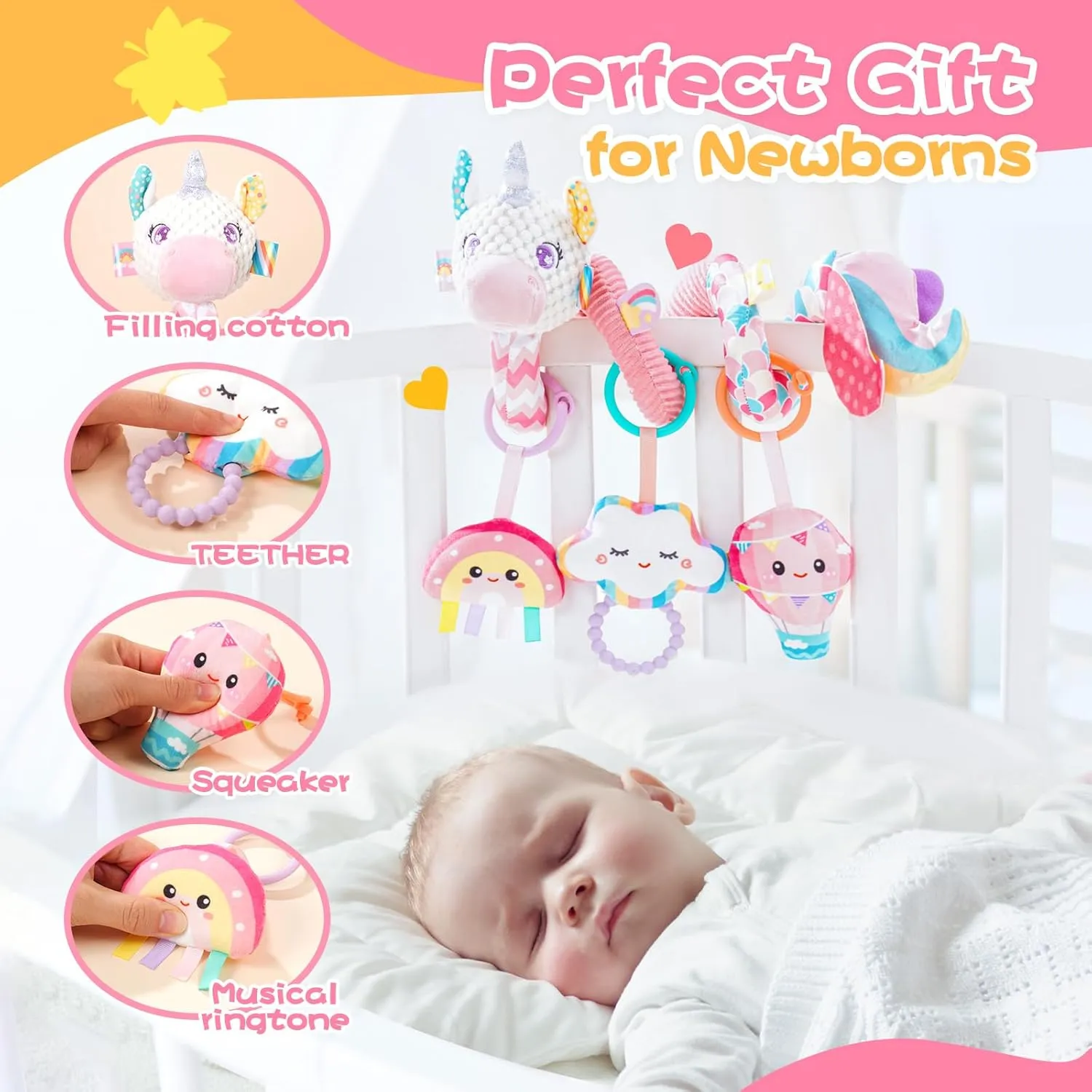 Car Seat Toys for Babies 0-6 Months, Carseat Toys Hanging Spiral Stroller Toys, Infant Toys 0-6 Months, Newborn Toys 0 3 12 Months Brain Development with Music Crinkle Teether Rattle Baby Boy Girl Toy