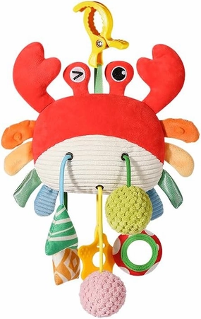 Car Seat Toy for Babies 0-6 Months, Stroller Toy with Baby Crab Puling Cords, Carseat Toys Hanging Many Baby Accessories,Built-In Bell, Rattle,Squeaky,Mirror for infant,Babies Gift 0-3-6-12 months