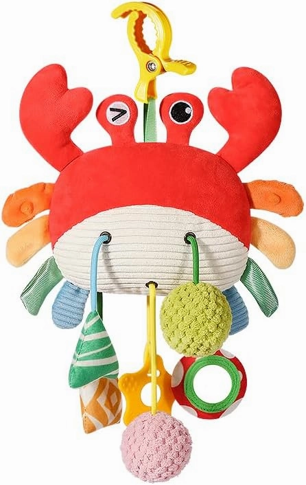 Car Seat Toy for Babies 0-6 Months, Stroller Toy with Baby Crab Puling Cords, Carseat Toys Hanging Many Baby Accessories,Built-In Bell, Rattle,Squeaky,Mirror for infant,Babies Gift 0-3-6-12 months