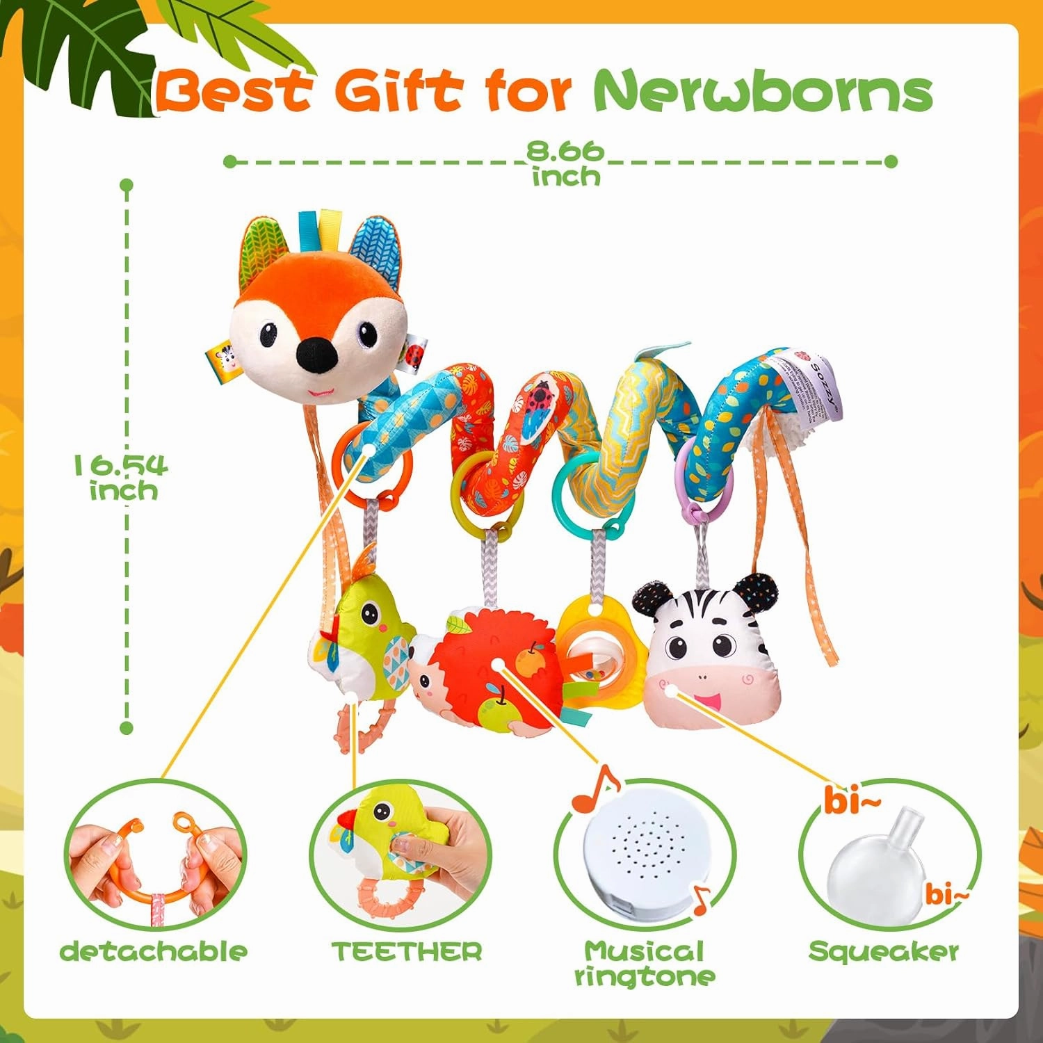 Car Seat Toys, Cute Fox Car Seat Toys for Babies 0-6 Months Boy, Stroller Toys with Crinkle, Teether, Music Box, Rattle, BB Squeaker for 0 3 6 9 12 Months Babies Infant Boys Girls Gifts (Cute Fox)