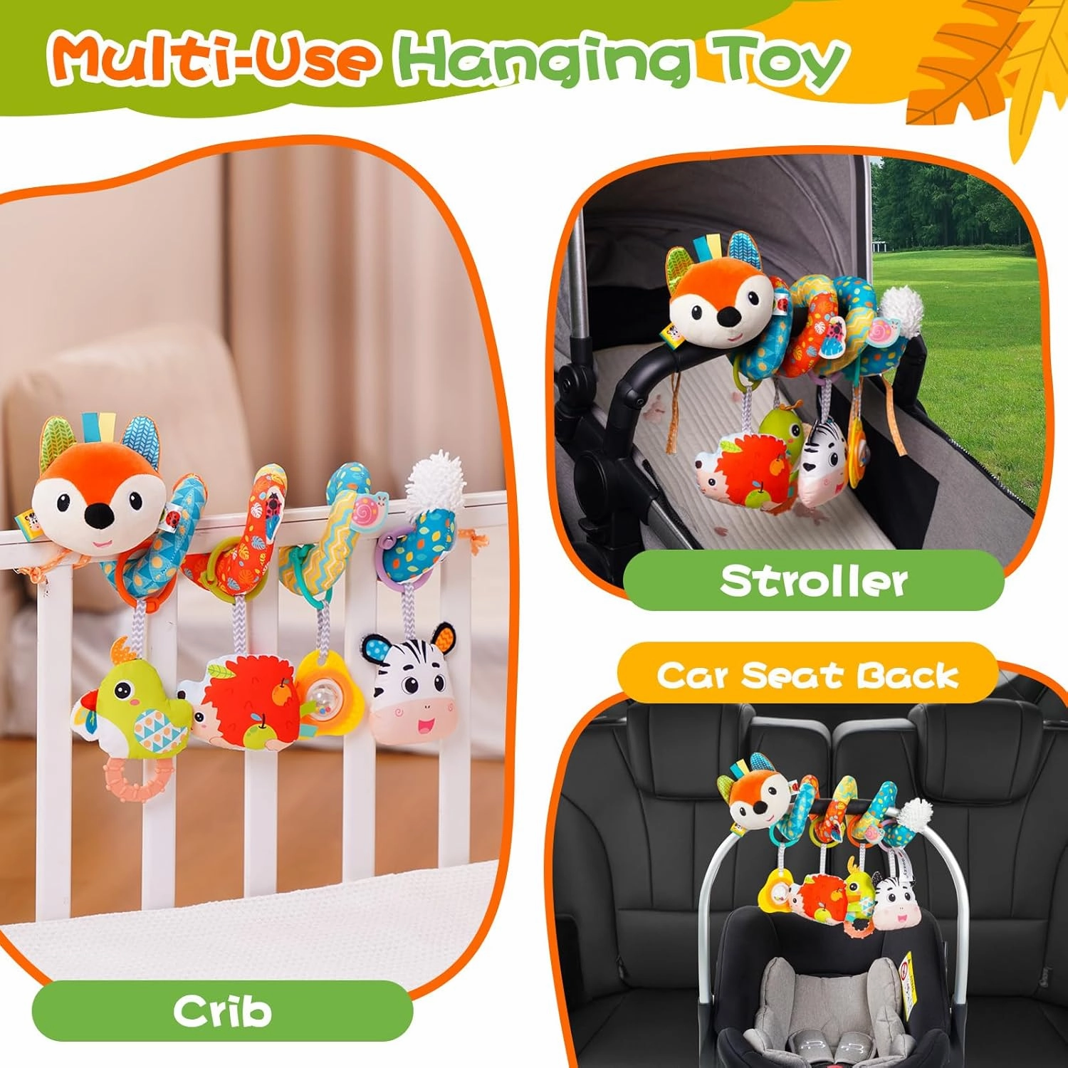 Car Seat Toys, Cute Fox Car Seat Toys for Babies 0-6 Months Boy, Stroller Toys with Crinkle, Teether, Music Box, Rattle, BB Squeaker for 0 3 6 9 12 Months Babies Infant Boys Girls Gifts (Cute Fox)