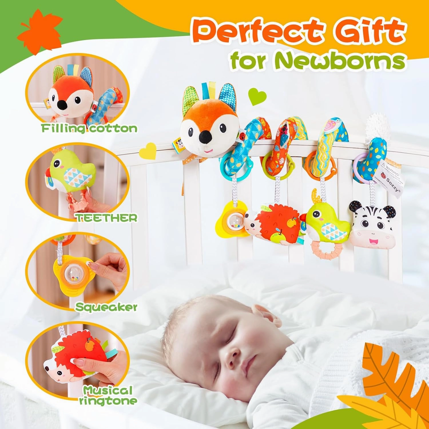 Car Seat Toys, Cute Fox Car Seat Toys for Babies 0-6 Months Boy, Stroller Toys with Crinkle, Teether, Music Box, Rattle, BB Squeaker for 0 3 6 9 12 Months Babies Infant Boys Girls Gifts (Cute Fox)