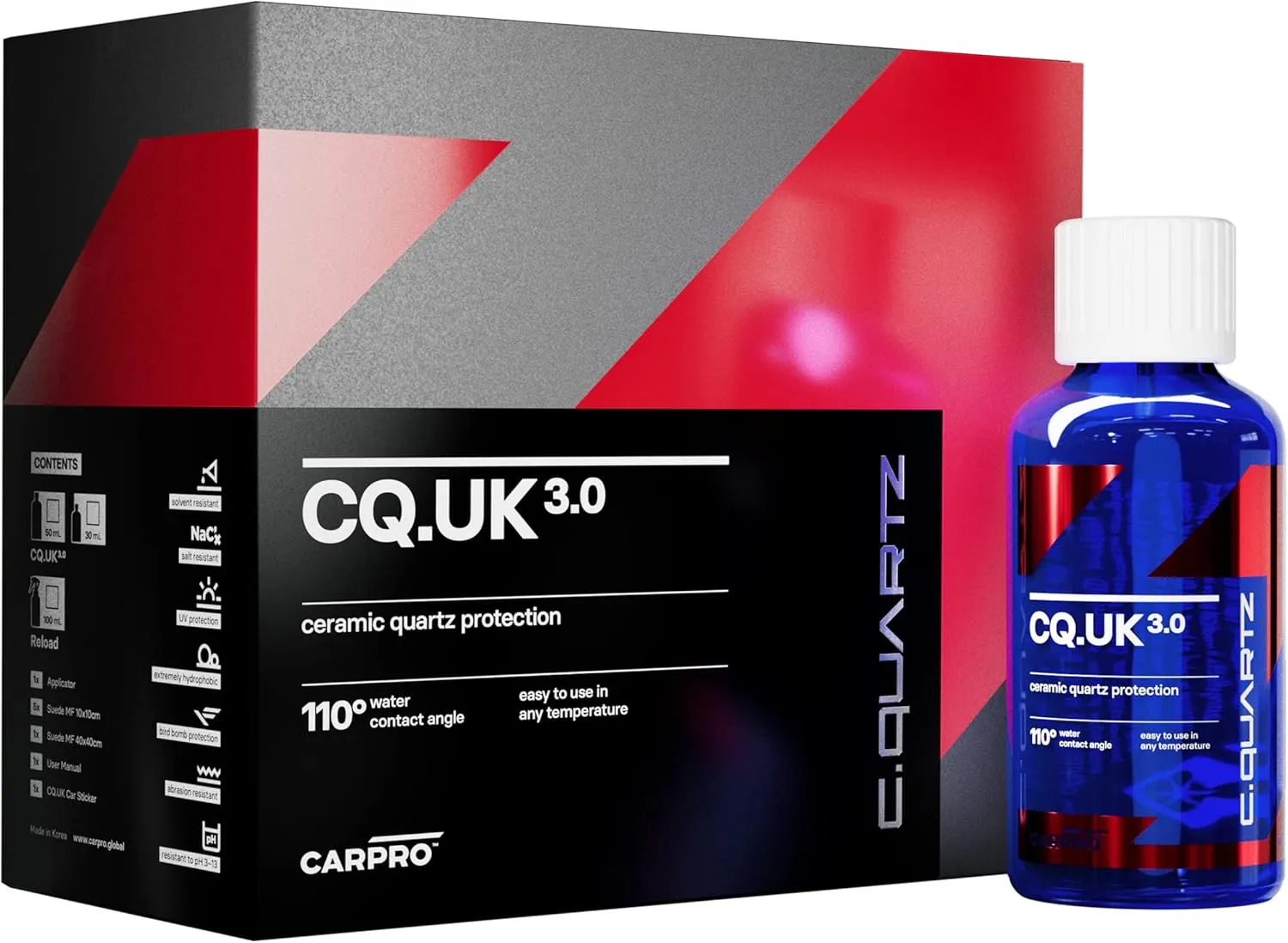 CARPRO CQUARTZ UK 3.0 - Ceramic Coating for Cars, Quartz Based Nanotechnology, Bonds to Paint, Glass, Metal and Plastic - (30ml Kit)