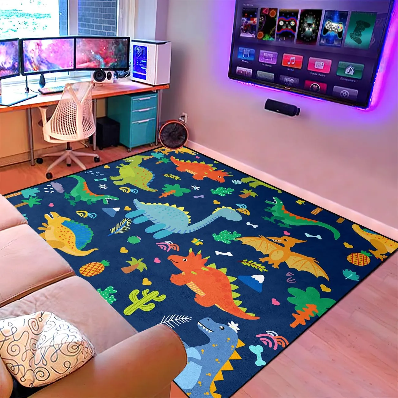 Cartoon Dinosaur Area Rugs Lovely Dinosaur Carpet Rugs for Boys Kids Blue Cute Animal Patterns Carpet Dinosaurs Rug for Boys Bedroom Living Dinning Room Bedroom Kitchen Playing Room, 2'×3'