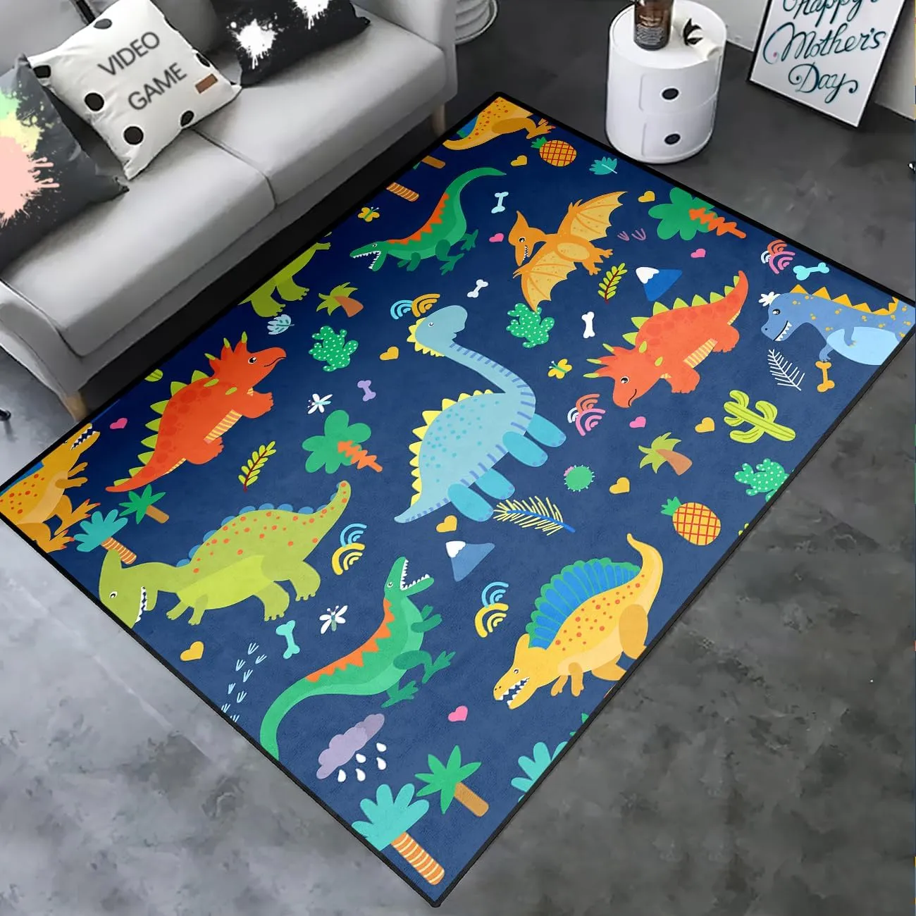 Cartoon Dinosaur Area Rugs Lovely Dinosaur Carpet Rugs for Boys Kids Blue Cute Animal Patterns Carpet Dinosaurs Rug for Boys Bedroom Living Dinning Room Bedroom Kitchen Playing Room, 2'×3'