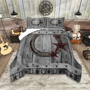 Castle Fairy Grey Rustic Barn Comforter Set Western Cowboy Horseshoe Bedding Set Twin Size for Kids Boys Adults Teens Room Decor Vintage Farmhouse Wooden Quilt Set Star Horseshoe Duvet Insert 2pcs