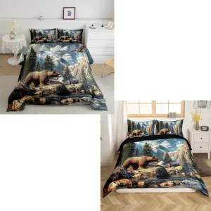 Castle Fairy Hunting Bear Animal Comforter Set and Duvet Cover Queen Size Mountain Landscape Bedding Set for Kids Teens Wildlife Bedroom Decor