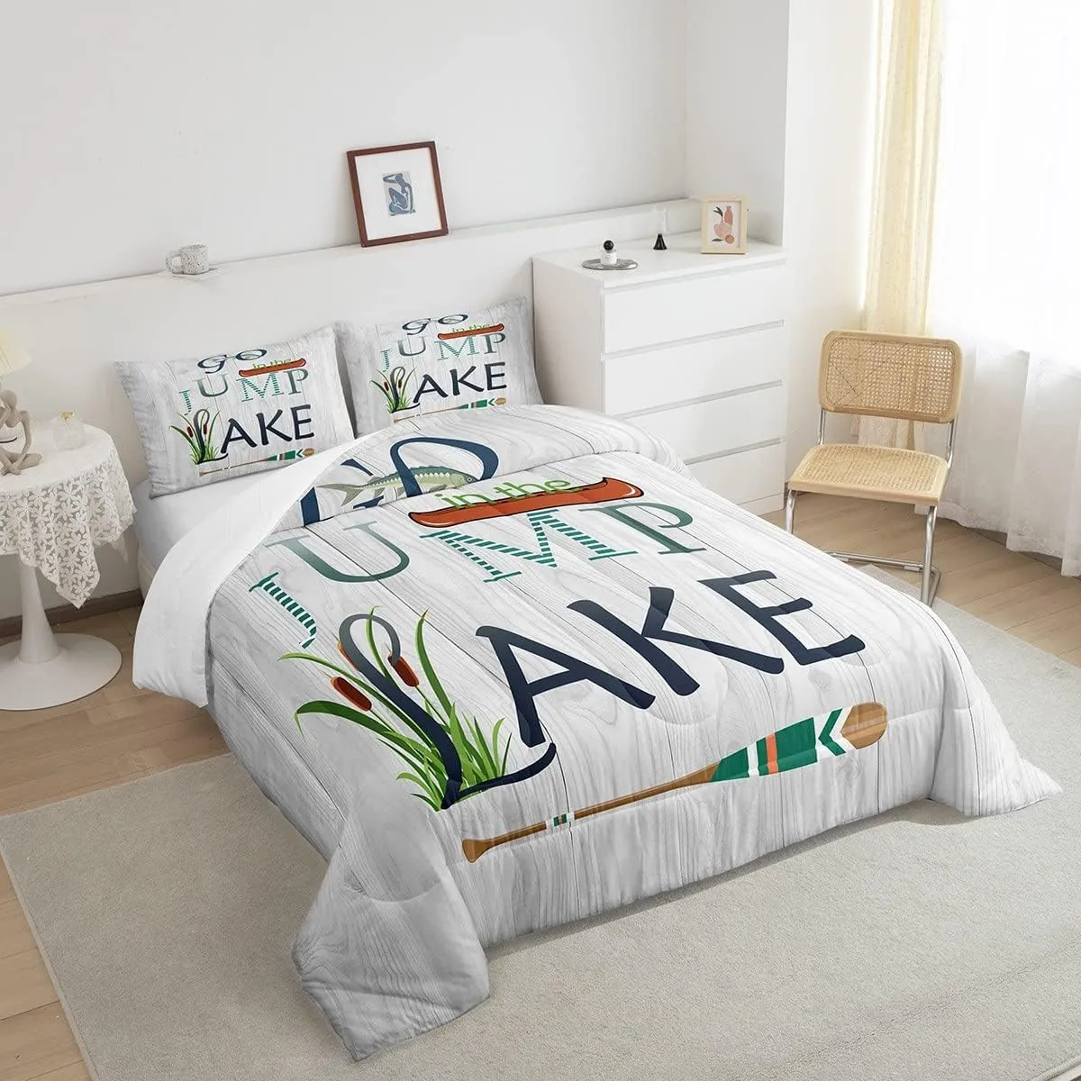 Castle Fairy Lake Paddle Comforter Set Twin Size,Rustic Lakeside Cabin Decor Bedding Set for Kids Boys Men,Fish Country Farm Wooden Board Quilted Duvet Set with 1 Pillowcase