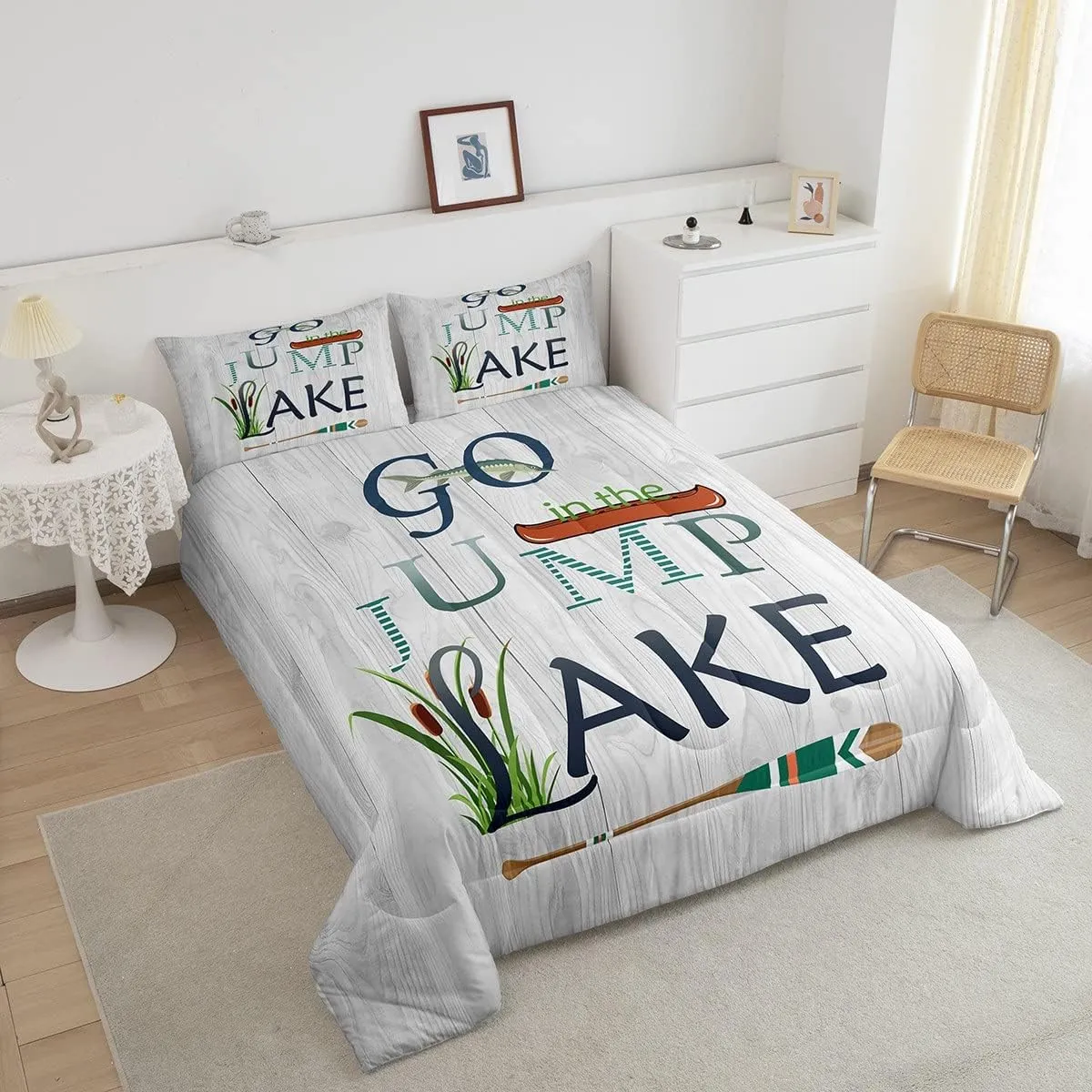 Castle Fairy Lake Paddle Comforter Set Twin Size,Rustic Lakeside Cabin Decor Bedding Set for Kids Boys Men,Fish Country Farm Wooden Board Quilted Duvet Set with 1 Pillowcase