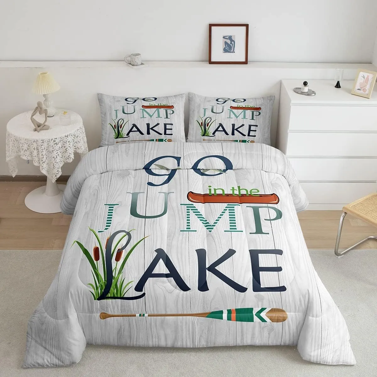 Castle Fairy Lake Paddle Comforter Set Twin Size,Rustic Lakeside Cabin Decor Bedding Set for Kids Boys Men,Fish Country Farm Wooden Board Quilted Duvet Set with 1 Pillowcase