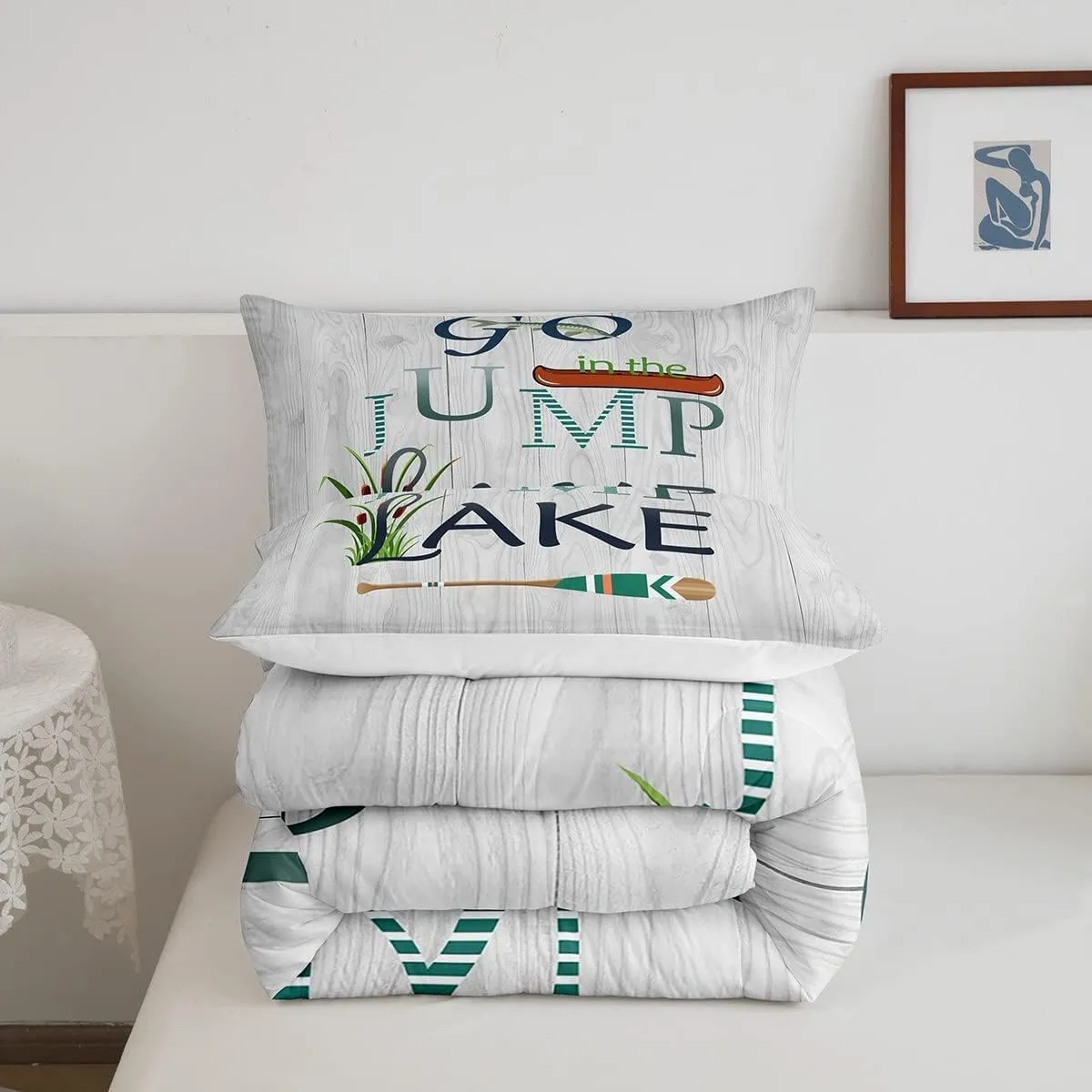 Castle Fairy Lake Paddle Comforter Set Twin Size,Rustic Lakeside Cabin Decor Bedding Set for Kids Boys Men,Fish Country Farm Wooden Board Quilted Duvet Set with 1 Pillowcase