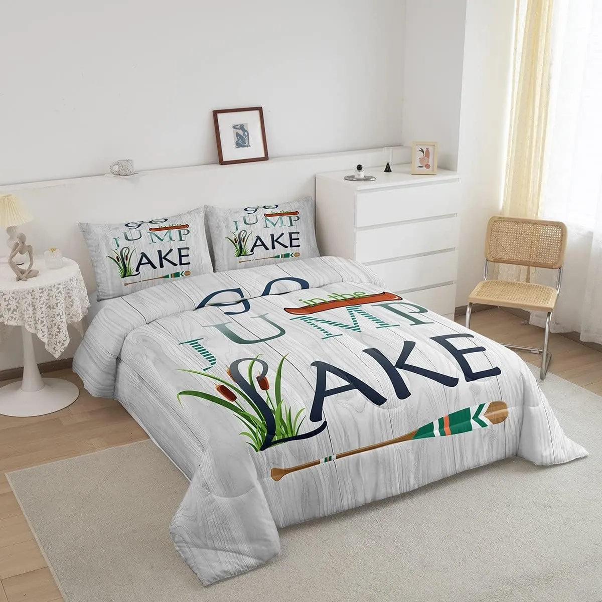 Castle Fairy Lake Paddle Comforter Set Twin Size,Rustic Lakeside Cabin Decor Bedding Set for Kids Boys Men,Fish Country Farm Wooden Board Quilted Duvet Set with 1 Pillowcase