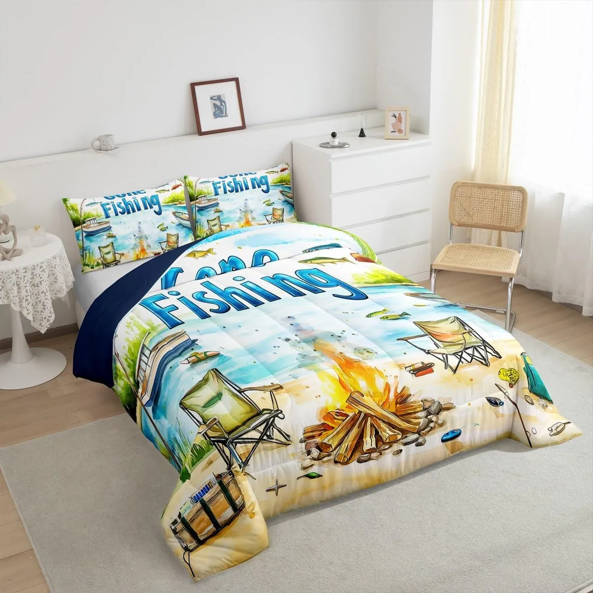 Castle Fairy Lakeside Fishing Full Size Comforter Sets for Kids Adults,Outdoor Camping Adventure Bedding Sets Youth Men Teens Child Bedroom Decor,Kids Boys Coastal Boat 3 Pieces Quilt Set